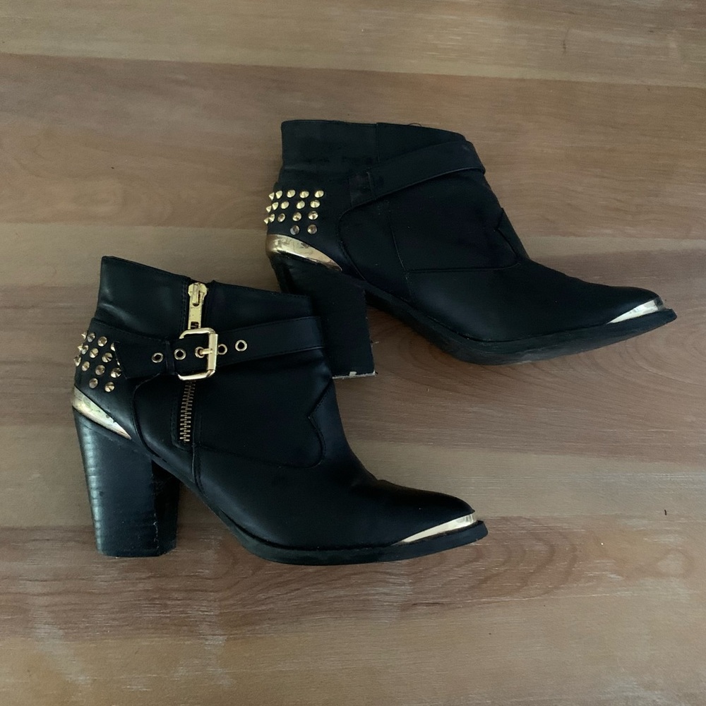 Faux Leather Black Booties with Gold Embellishments and Strap